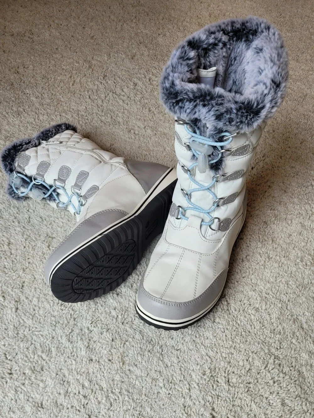 Totes womens Slip-on Waterproof Snow & Rain Boots Anchor Gray With Ice Blue Fur